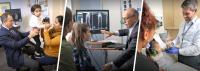 Three images of pediatric orthopedic providers examining patients in the office